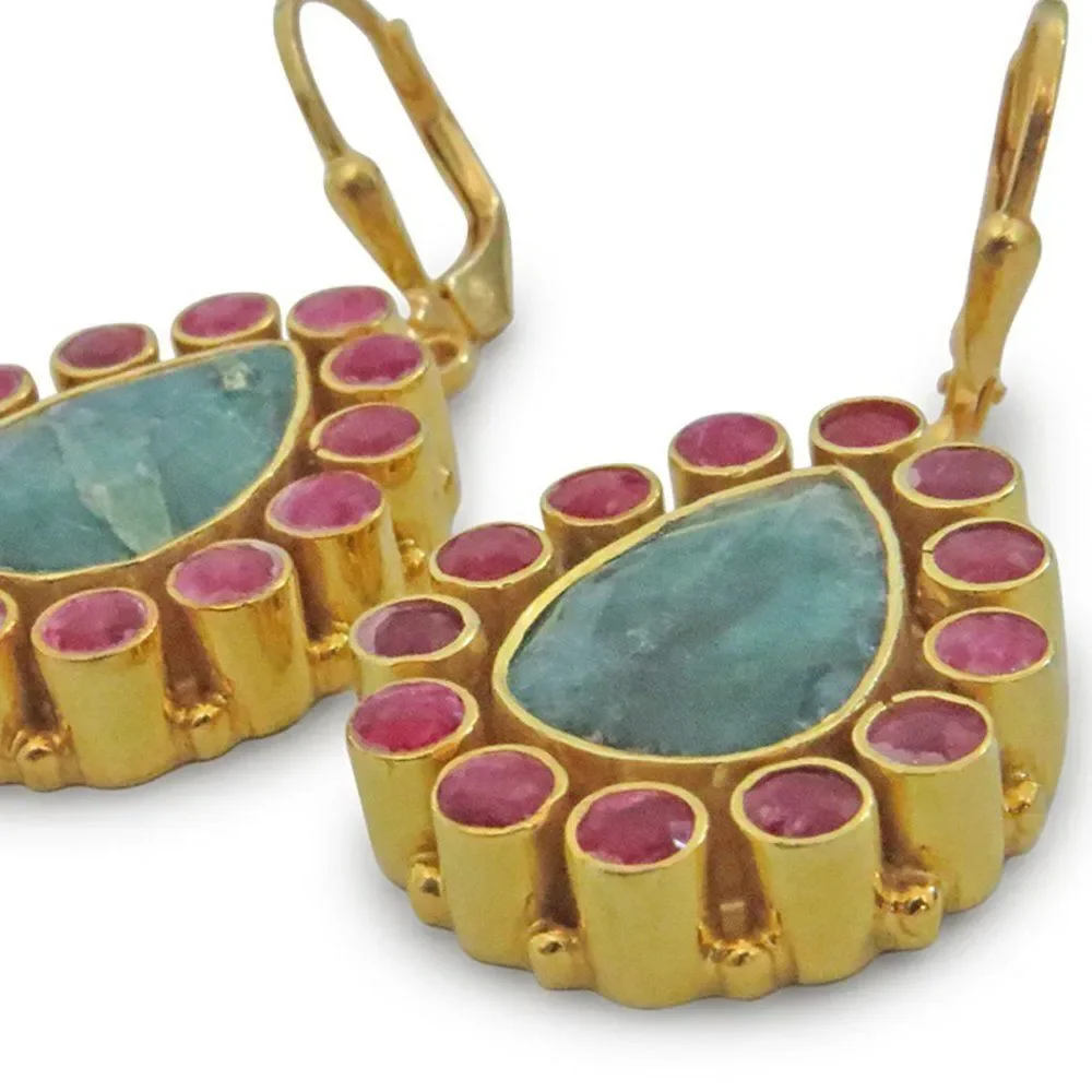 18K Sterling Silver Genuine Emerald-Ruby Gem Stone Earring